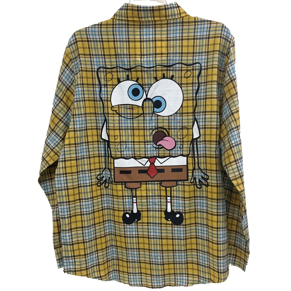 Cakeworthy Spongebob Men's Shirt Size L Yellow Plaid 100% Cotton Long Sleeves